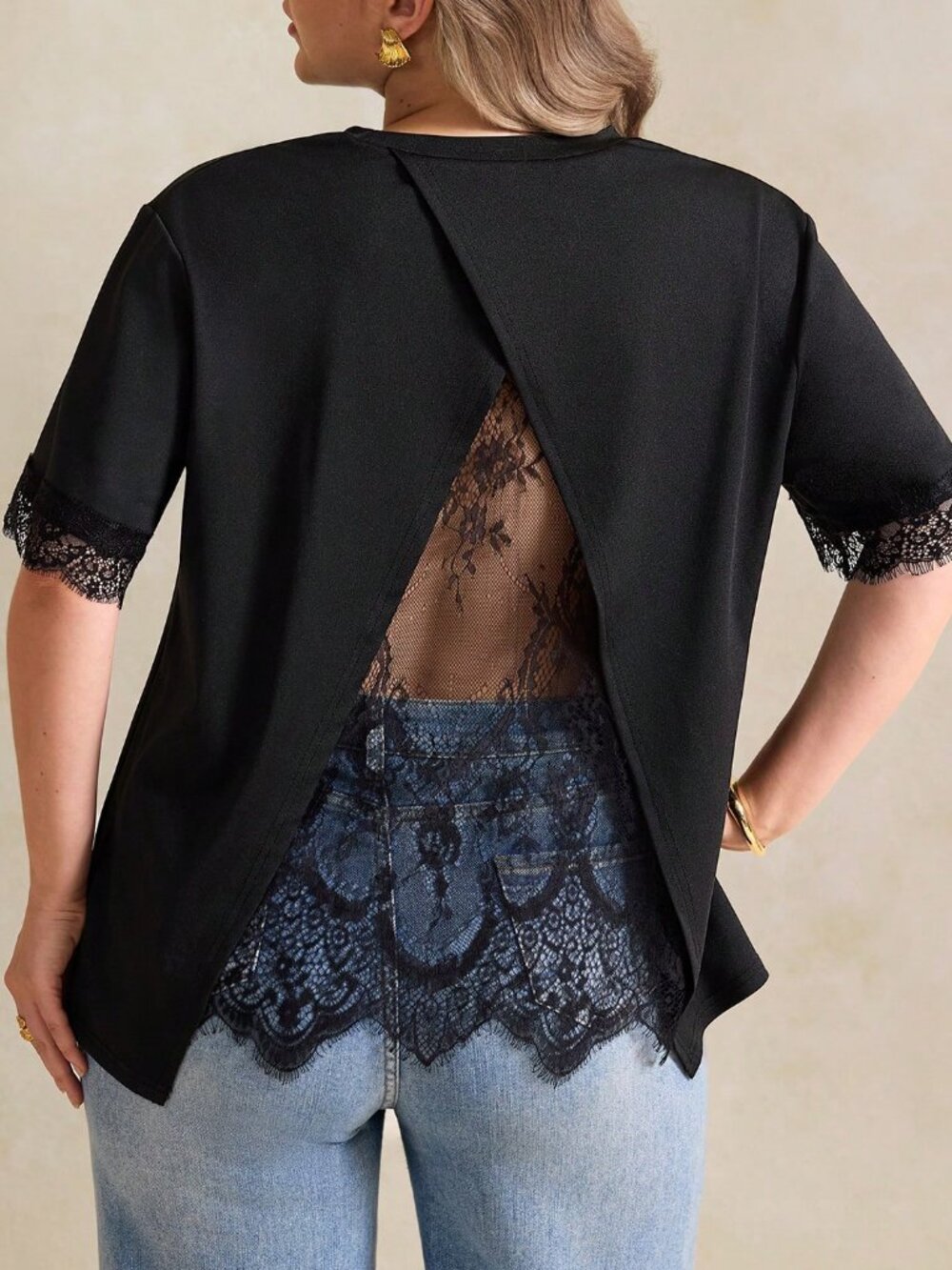 Black Casual Women's Plus Size A-Line Lace detailed blouse top - Picture 4 of 6